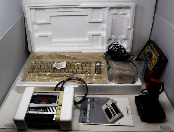 Vintage 1990s Commodore C64 Personal Computer Hollywood Presents Box, QuickShot II Plus Arcade Stick Controller, Boxed 1630 Datassette Unit + 5 Games Lot Bundle Retro Rare