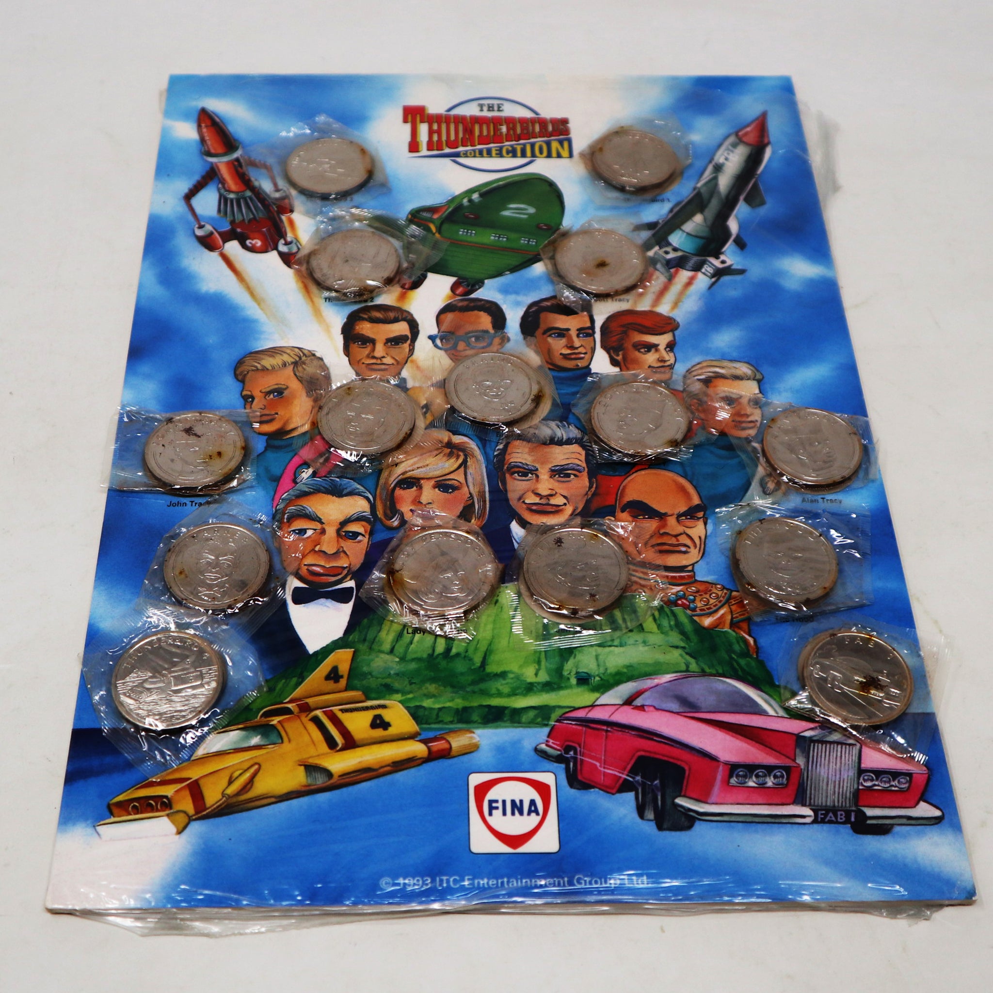 Vintage 1993 90s Fina ITC Entertainment Thunderbirds The Thunderbirds Collection Coin Medal Wall Chart Carded MOC Sealed Rare Gerry Anderson