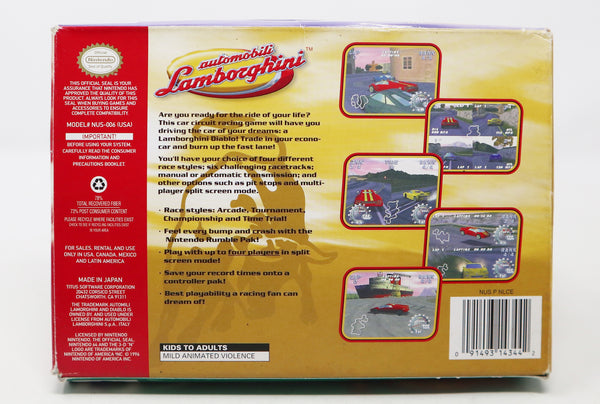Vintage 1996 90s Nintendo 64 N64 Automobili Lamborghini Racing Video Game Boxed USA NTSC 1-4 Players
