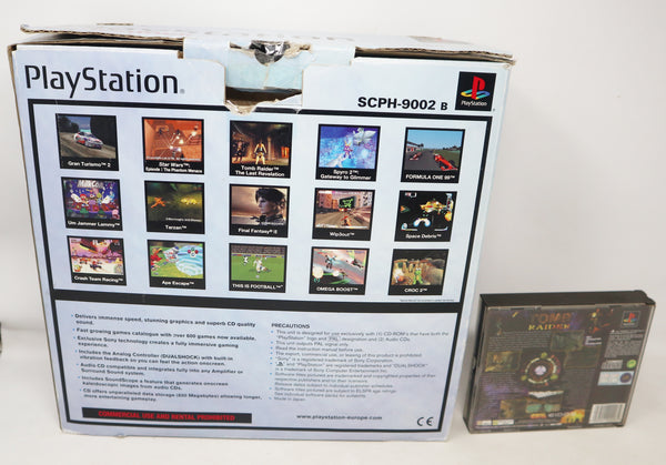Vintage Sony Playstation 1 PS1 Pal Console Boxed SCPH-9002, Controller + Tomb Raider Video Game Lot Bundle Retro