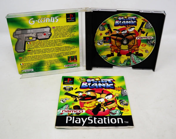 Vintage 1997 90s Sony Playstation PS1 Namco Point Blank Video Game + 1996 G-Con45 Light Gun Controller Pal NPC-103 Retro Gaming