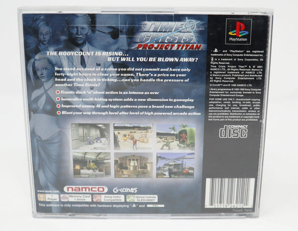 Vintage 2001 Sony Playstation PS1 Namco Time Crisis Project Titan Video Game + G-Con45 Light Gun Controller Pal Boxed SLEH-00007 SCES-02776 Retro Gaming
