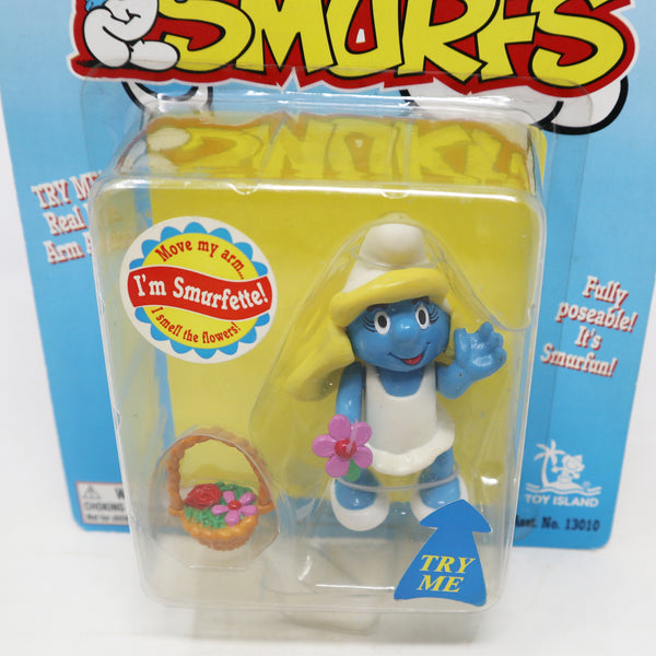 Vintage 1996 90s Ideal Toy Island Peyo The Smurfs Smurfette Smelling Flowers Fully Poseable 3" Animated Action Figure No. 13010 MOC Carded