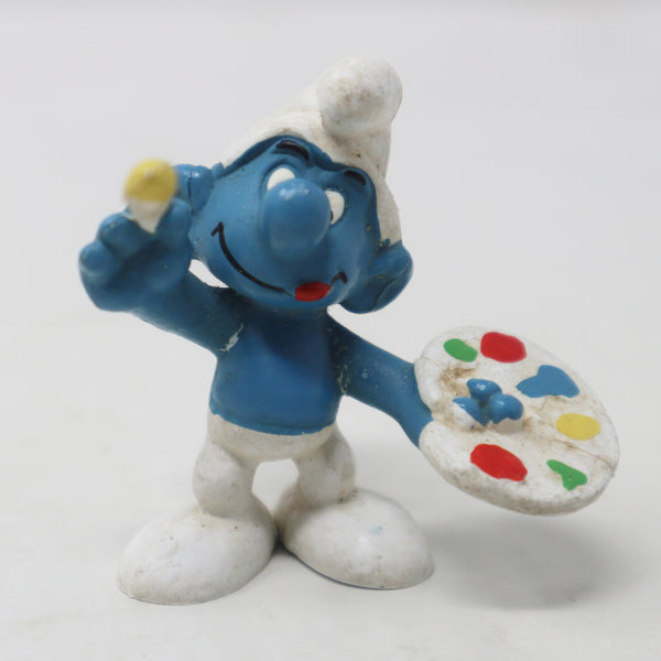 Vintage Schleich Peyo The Smurfs Artist Painter Smurf Holding Paintbrush & Paint Palette 2" PVC Figure Figurine West Germany Retro