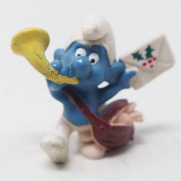 Vintage Schleich Peyo The Smurfs Postman Mailman Smurf Holding Christmas Card Letter 2.5" PVC Figure Figurine West Germany Retro