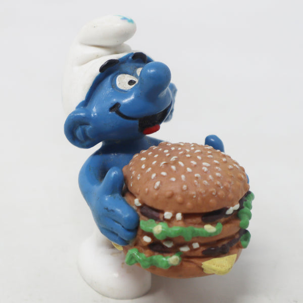Vintage 1996 90s McDonald's Happy Meal Toy Peyo The Smurfs Smurf Holding Big Mac Burger 2" PVC Figure Figurine Retro