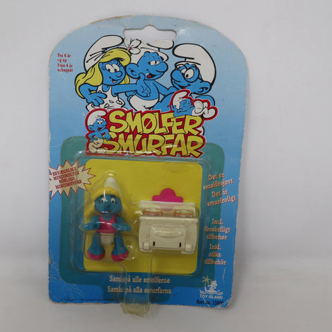 Vintage 1996 90s Toy Island Peyo The Smurfs Smurf Minimates Smurfette With Cooker Oven Stove Fully Poseable 2" Figure No. 13000 MOC Carded Retro