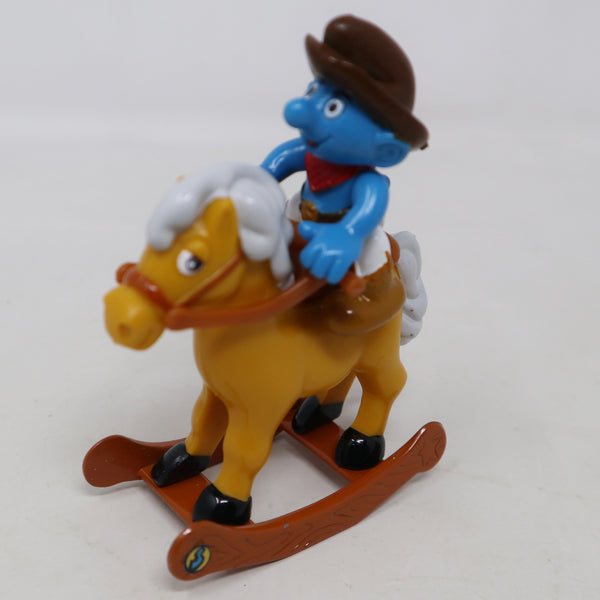 Vintage 1996 90s Irwin Toy Island Peyo The Smurfs Die-Cast Rocking Horse Rocker With Cowboy Smurf Poseable Figure Boxed Retro