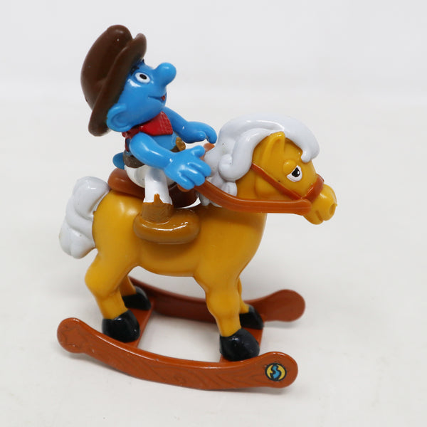 Vintage 1996 90s Irwin Toy Island Peyo The Smurfs Die-Cast Rocking Horse Rocker With Cowboy Smurf Poseable Figure Boxed Retro
