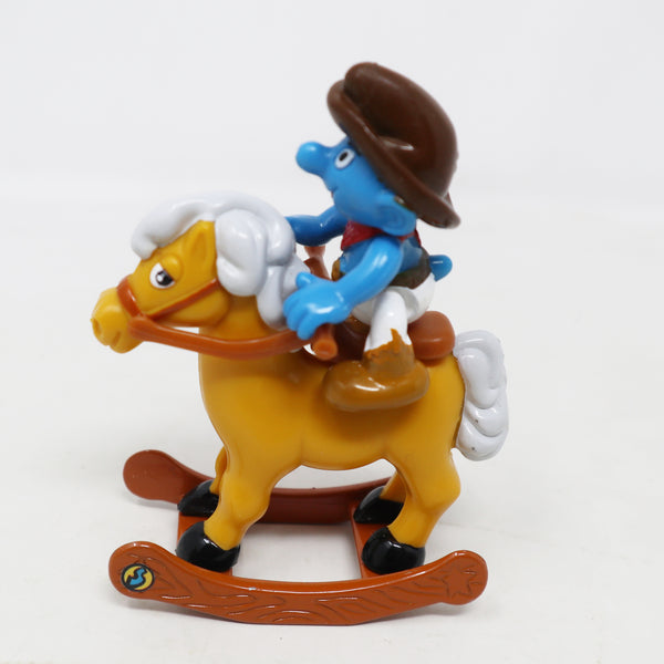 Vintage 1996 90s Irwin Toy Island Peyo The Smurfs Die-Cast Rocking Horse Rocker With Cowboy Smurf Poseable Figure Boxed Retro