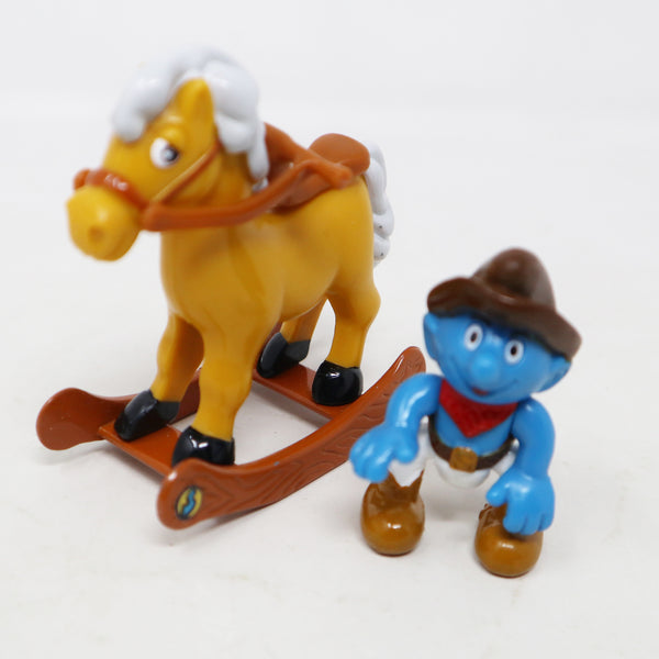 Vintage 1996 90s Irwin Toy Island Peyo The Smurfs Die-Cast Rocking Horse Rocker With Cowboy Smurf Poseable Figure Boxed Retro
