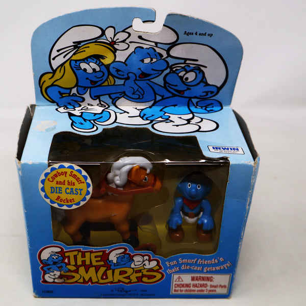 Vintage 1996 90s Irwin Toy Island Peyo The Smurfs Die-Cast Rocking Horse Rocker With Cowboy Smurf Poseable Figure Boxed Retro