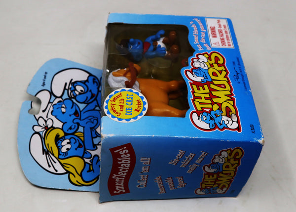 Vintage 1996 90s Irwin Toy Island Peyo The Smurfs Die-Cast Rocking Horse Rocker With Cowboy Smurf Poseable Figure Boxed Retro