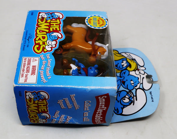 Vintage 1996 90s Irwin Toy Island Peyo The Smurfs Die-Cast Rocking Horse Rocker With Cowboy Smurf Poseable Figure Boxed Retro