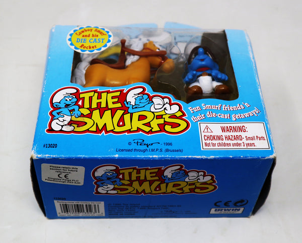 Vintage 1996 90s Irwin Toy Island Peyo The Smurfs Die-Cast Rocking Horse Rocker With Cowboy Smurf Poseable Figure Boxed Retro