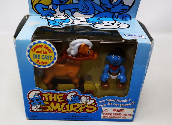Vintage 1996 90s Irwin Toy Island Peyo The Smurfs Die-Cast Rocking Horse Rocker With Cowboy Smurf Poseable Figure Boxed Retro