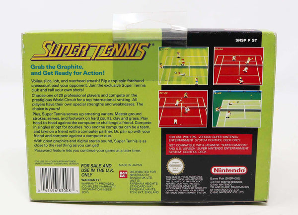 Vintage 1992 90s Super Nintendo Entertainment System SNES Super Tennis Cartridge Video Game Boxed Pal Version