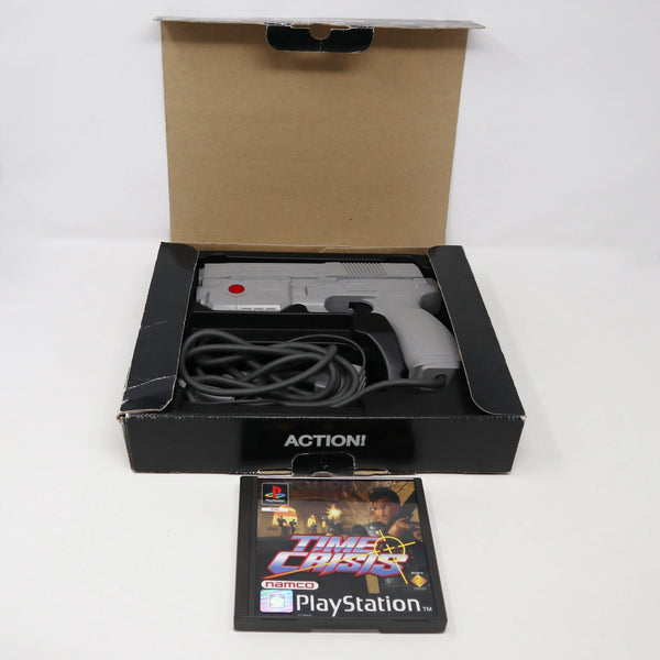 Vintage 1996 90s Sony Playstation PS1 Namco Time Crisis Video Game + G-Con45 Light Gun Controller Pal Boxed SLEH-00007 SCES-00657 Retro Gaming