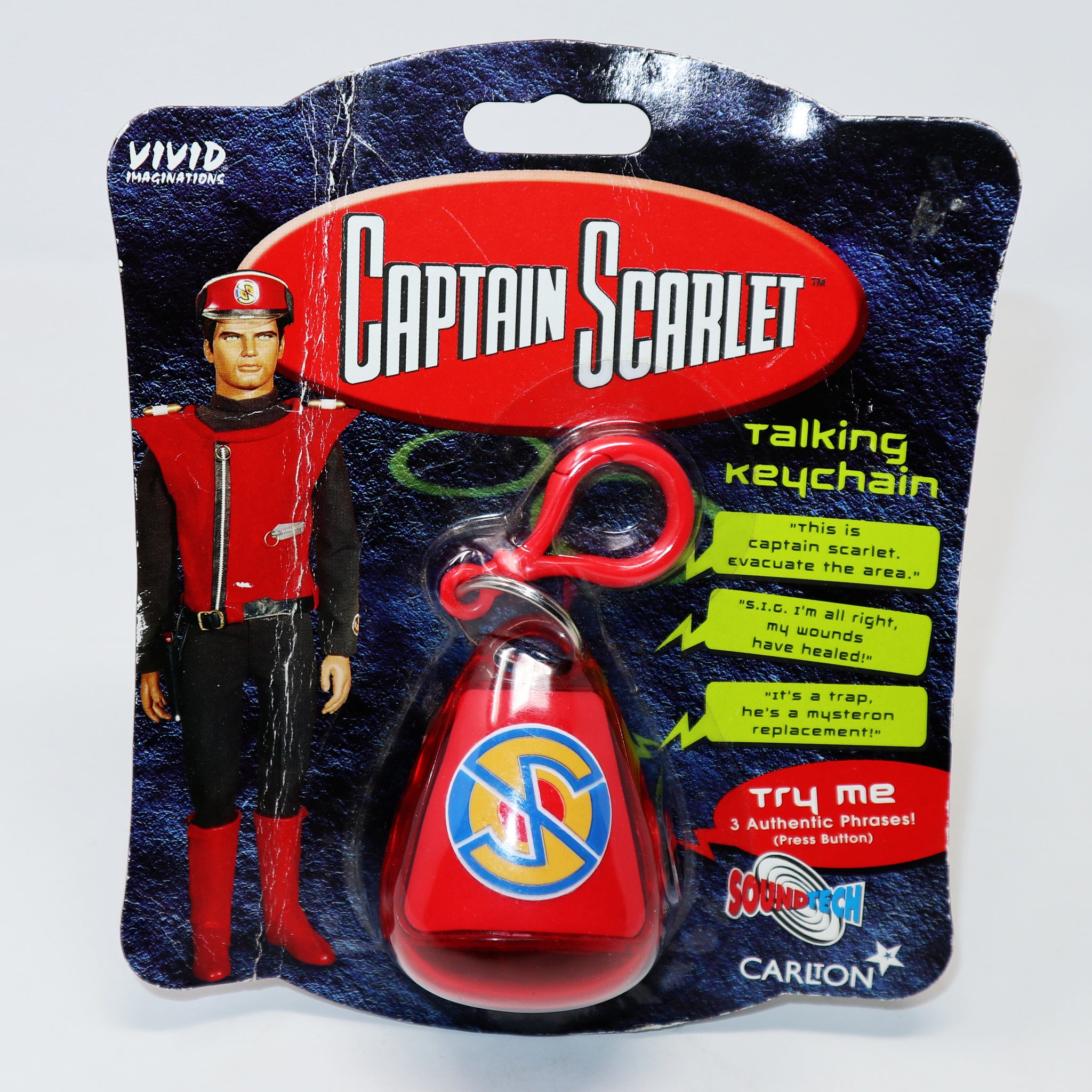 Vintage 2001 Vivid Imaginations Carlton Soundtech Captain Scarlet Talking Keychain Carded MOC (Batteries Need Replacing)