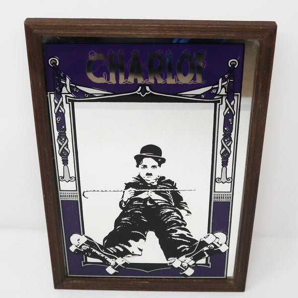 Vintage 1970s Charlie Charles Chaplin Charlot The Little Tramp Wooden Framed French Mirror Rare Bar Pub Brewery Beer Advertising Style Man Cave