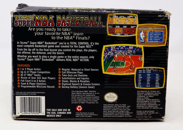 Vintage 1993 90s Super Nintendo Entertainment System SNES Tecmo Super NBA Basketball Cartridge Video Game Boxed NTSC Version